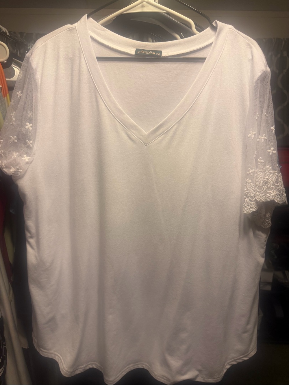 Alfredia White V-Neck Tee with Embroidered Lace Short Sleeves